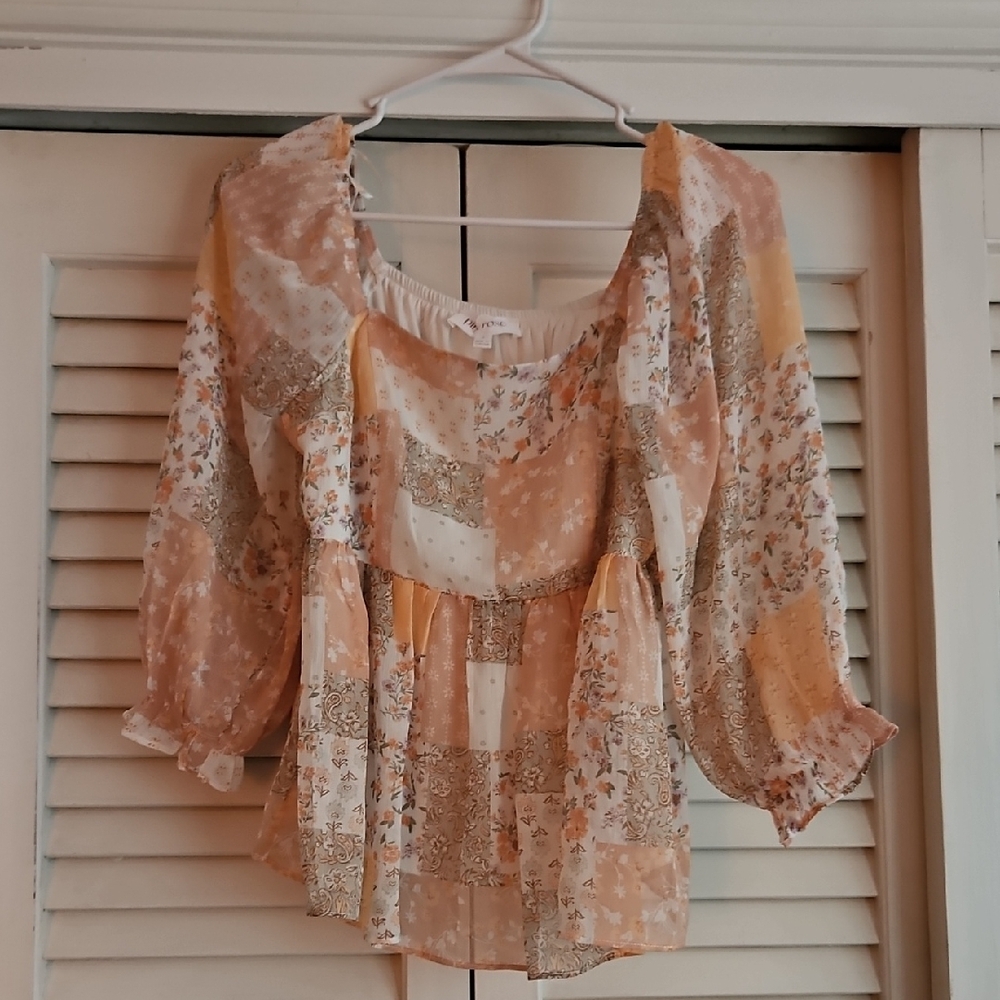 Pink Rose Peplum Blouse with Ruffled 3/4 Sleeves in Pink and Gold